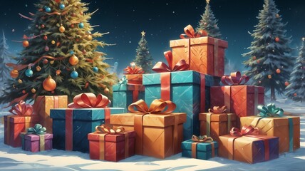 Christmas Tree Surrounded by Gift Packs