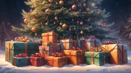 Christmas Tree Surrounded by Gift Packs