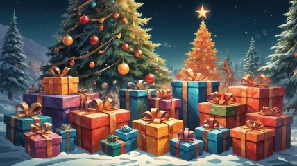 Christmas Tree Surrounded by Gift Packs