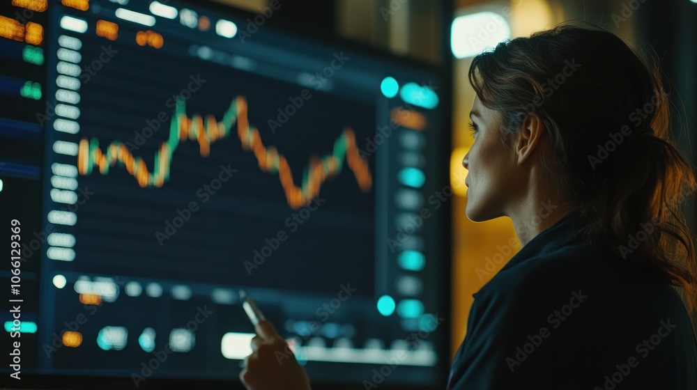 Poster woman analyzing financial data on computer screen