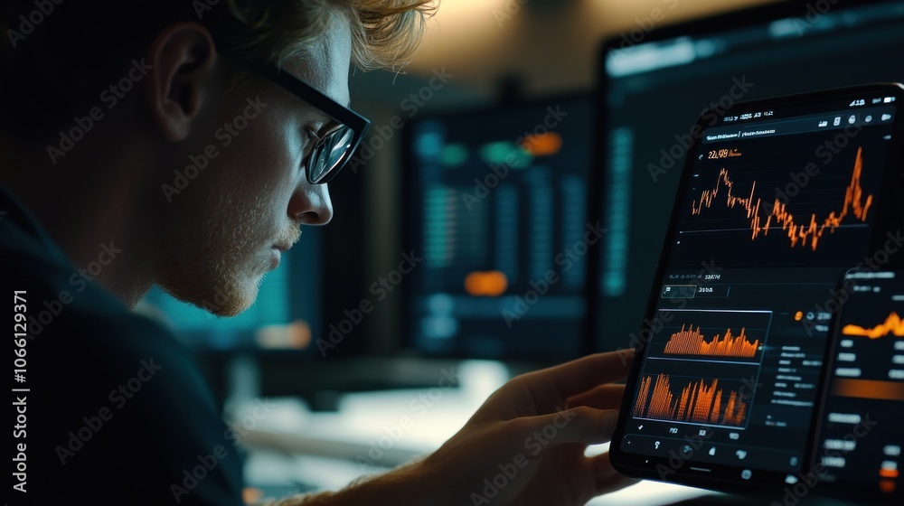 Poster Man in Glasses Analyzing Financial Data on a Tablet and Monitor