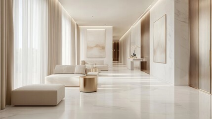 Modern Minimalist Lounge with White Marble Floors and Gold Accents