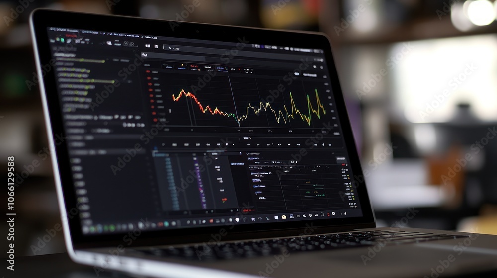 Poster a laptop displaying a stock market chart with fluctuating data