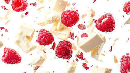 Wallpaper background of floating pieces of white chocolate and berries with white background footage for advertisement promotion.