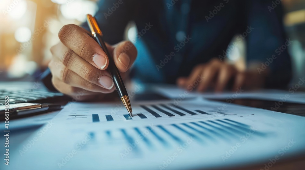 Poster a hand with a pen pointing to a bar graph on a piece of paper