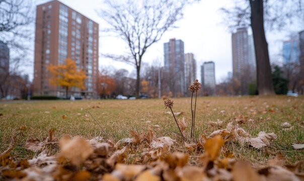 A single dry plant stands in the foreground of a grassy park with fallen leaves and a blurry view of tall buildings in the background.