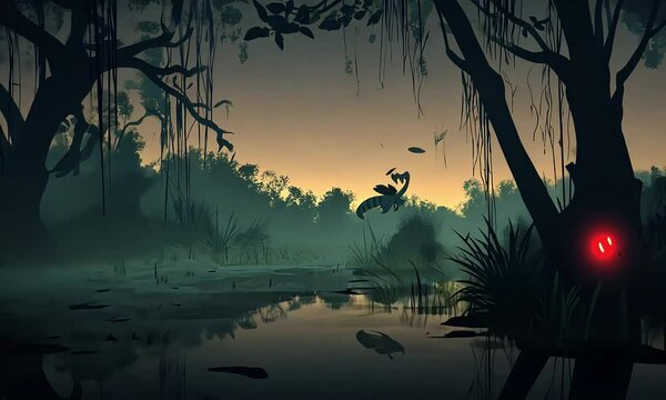 Fantasy Swamp with Glowing Red Creatures at Dusk illustration cartoon with ai generated.
