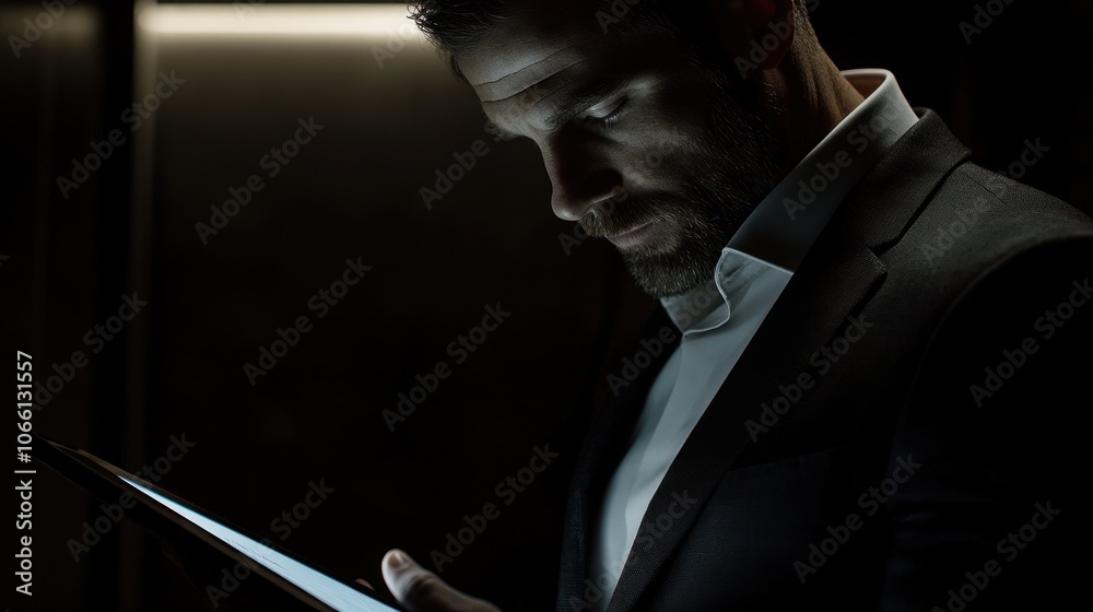 Poster Man in Suit Using Tablet in Dim Lighting