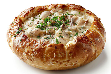 Delicious clam chowder in a bread bowl on white background