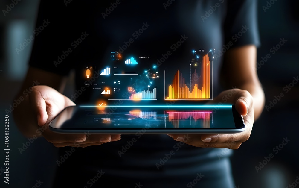 Poster a person holding a tablet displaying dynamic data visualizations and graphs, representing technology