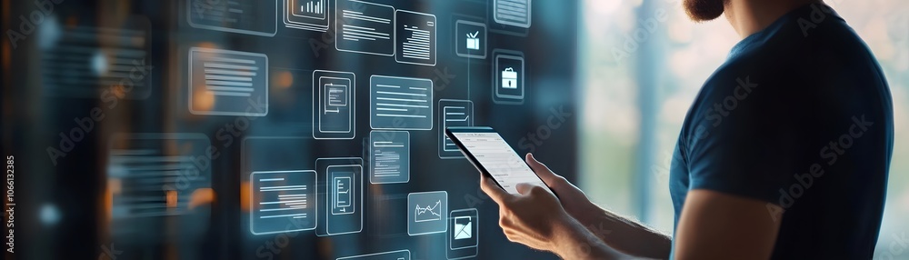 Poster a person interacts with a digital interface, exploring various screens and information using a table
