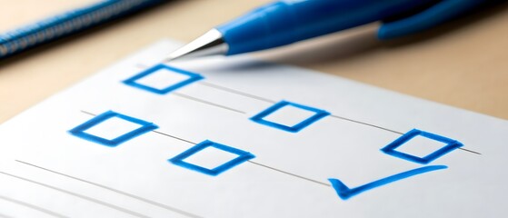 A pen is marking a completed checklist, symbolizing efficiency and task management in an office environment.
