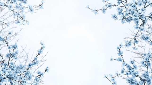 un fondo liso con espacio de copia color blanco con ramas de flores peque&ntilde;as delicadas y con detalles en color azul para invitacion o plantilla
