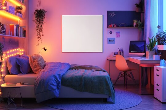 Modern Bedroom Interior Design with Blank Canvas, Desk, and Neon Lights.