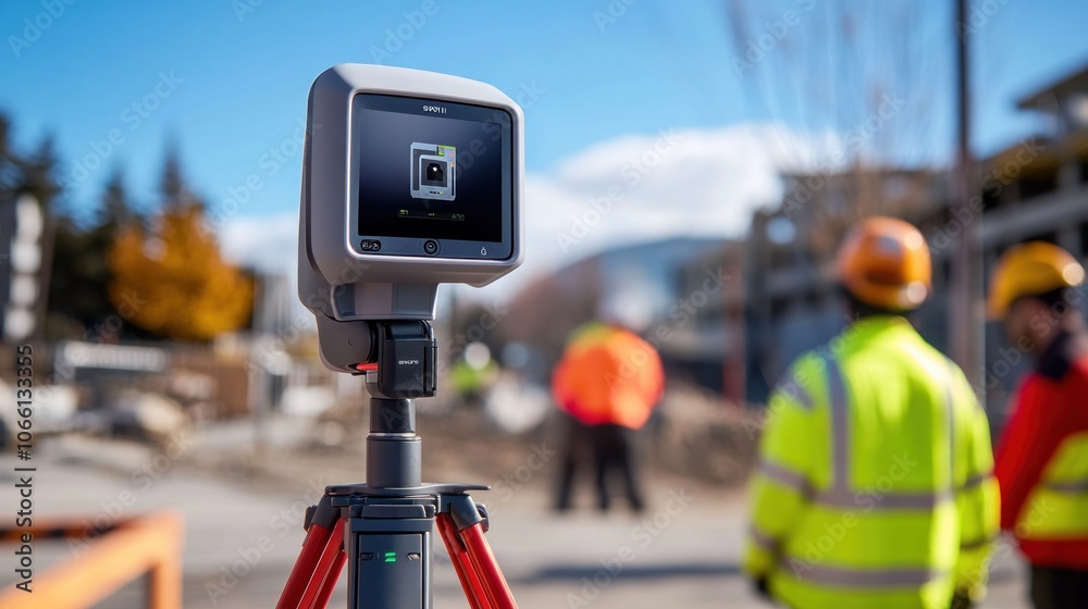 Aufkleber 3d scanner on tripod with construction workers in background