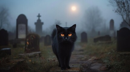 Black Cat Standing in a Foggy Graveyard with Tombstones