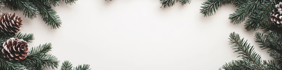 Obraz premium Christmas garland of evergreen tree pine and holly berries and cones on isolated white background.