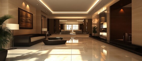 Modern and spacious interior design of a hotel lobby with a large sofa, a plant, and a picture hanging on the wall.