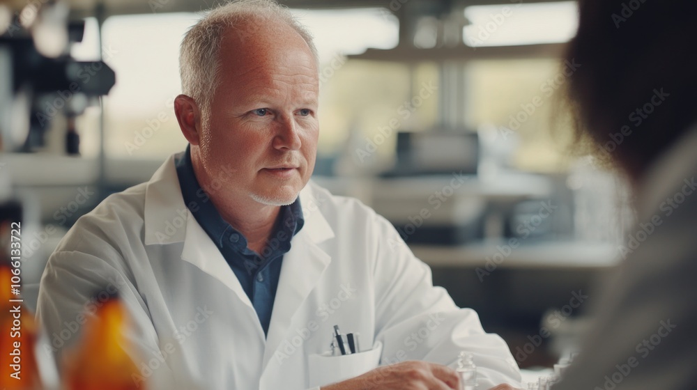 Poster A Man in a White Lab Coat Listening to Someone While Sitting at a Lab Table