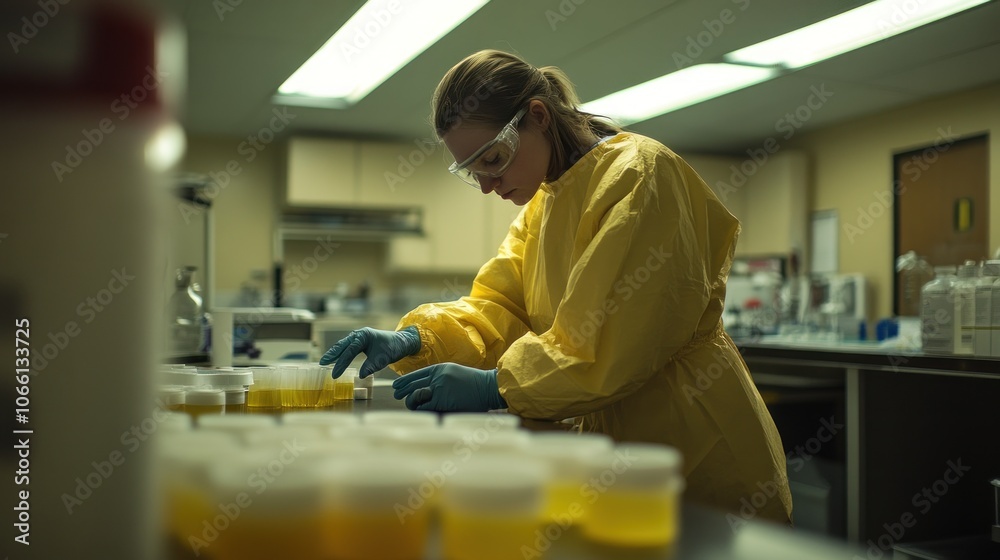 Aufkleber a scientist in a yellow lab coat works with test tubes in a lab
