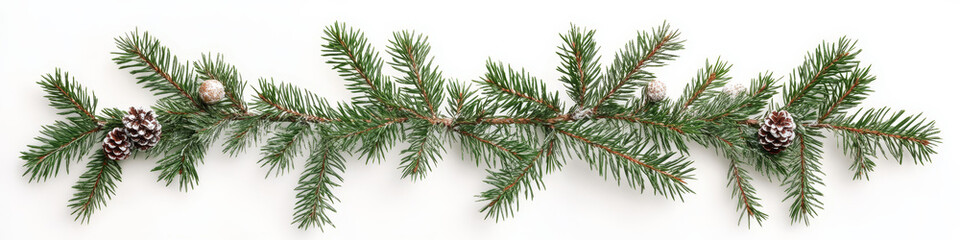 Christmas garland of evergreen tree pine and holly berries and cones on isolated white background.