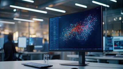 Fototapeta premium modern office workspace featuring curved monitor displaying colorful data visualization. environment is busy, showcasing technology and productivity