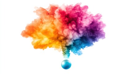 Colorful smoke plume with a blue sphere, white isolated background.