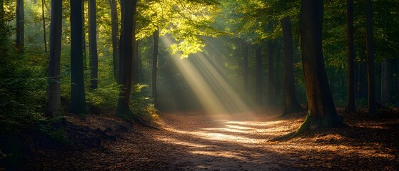 Obraz premium A tranquil forest scene with sunlight filtering through trees, illuminating a peaceful path in a serene natural setting.