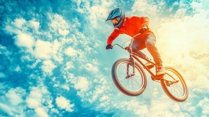 Fototapeta premium BMX Rider Performing Stunt in Mid Air Against Cloudy Sky