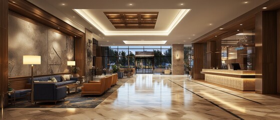 Modern hotel lobby with marble floors, a reception desk, and comfortable seating.