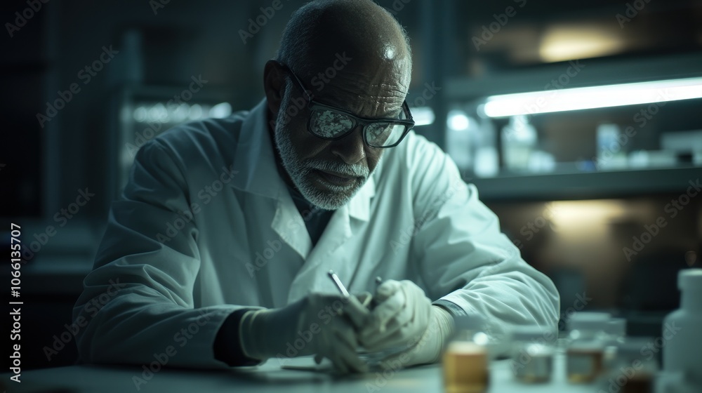 Poster senior scientist writing notes in a laboratory