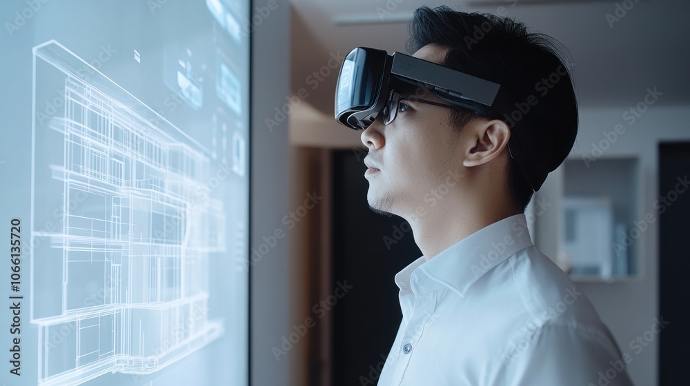 Poster Man in VR Headset Examining 3D Building Model