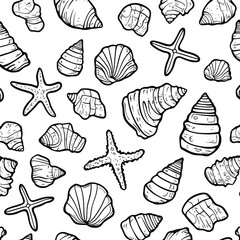 Fototapeta premium Whimsical Seashell and Starfish Pattern in Black and White