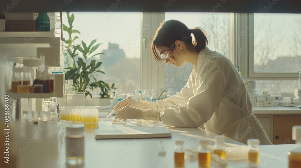 Poster female scientist working with samples in a lab