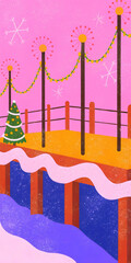 Obraz premium Festive Pier with Christmas Tree and Snowflakes on Pink Background