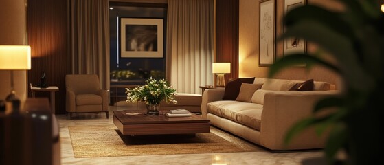 Fototapeta premium Modern living room interior with beige sofa, coffee table, armchair, and plants at night.