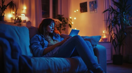 Naklejka premium A woman sitting cross-legged on a sofa, leaning back on her partner’s shoulder, both looking at a tablet as they enjoy a peaceful evening together 
