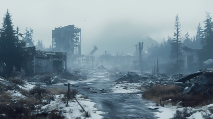 Post-apocalyptic nuclear winter landscape of destroyed city. illustration, digital matte painting. Dreamscape. Illustration