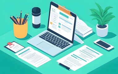 Modern workspace with laptop, stationery, and plant, perfect for remote work, online communication, or creative projects.