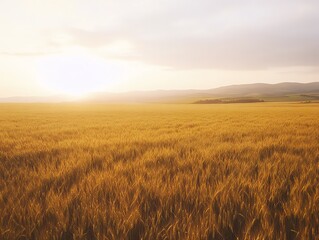 Obraz premium Golden wheat field at sunset, with mountains in the background, creating a serene and warm rural landscape in soft evening light.