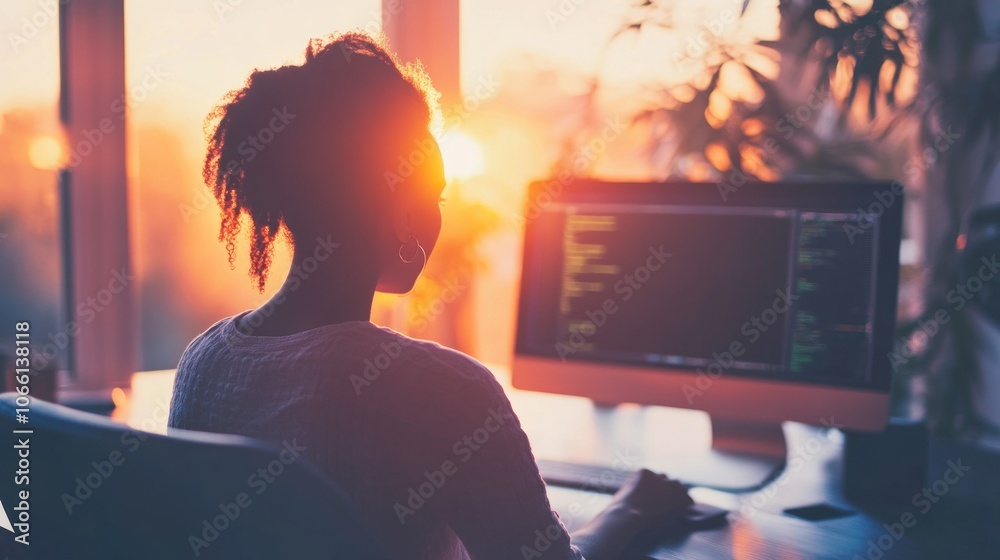 Poster silhouette of a person working at a computer during sunset