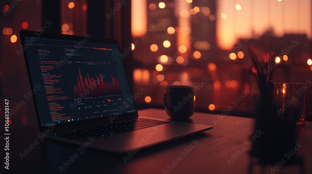 Poster Open Laptop with Red Data Analysis Displayed on Screen in Evening Setting