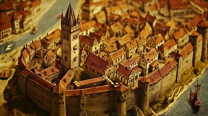 Miniature Model of a Medieval City with a Tall Tower and a Ship Docked in the Harbor.