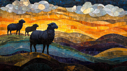 Glass mosaic collage with sheep-like clouds and a black sheep on a steep hill