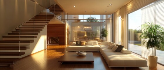 Fototapeta premium Modern living room with a large window and white sofa.