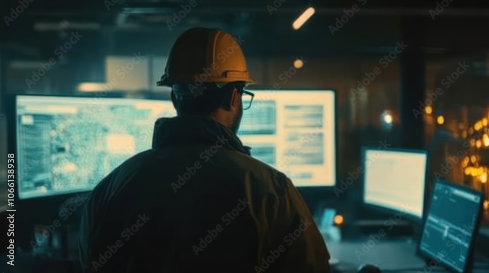 Poster a man in a yellow hard hat looking at computer screens