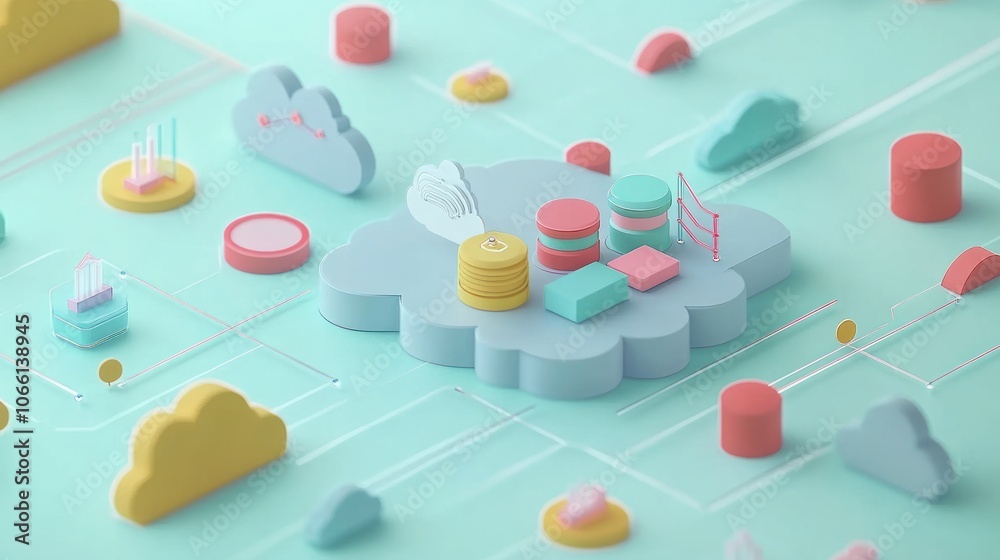 Poster 3D Cloud Computing Render with Colorful Geometric Shapes and Lines