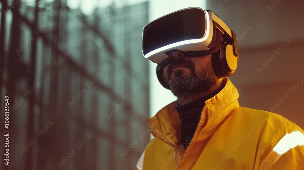Poster man in a yellow jacket experiencing virtual reality