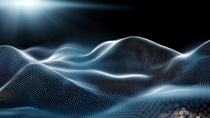 Naklejka premium Futuristic digital abstract background featuring flowing waves of light and dots, creating mesmerizing visual effect. Ideal for technology and innovation themes