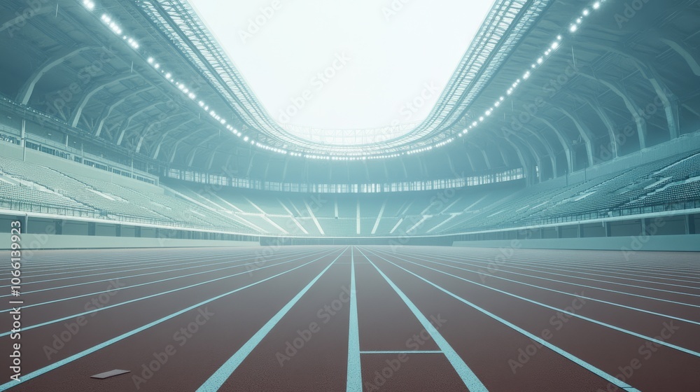 Poster Running track in an empty stadium with artificial lights illuminating the scene and a hazy atmosphere creating a dramatic effect